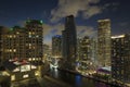 View from above of brightly illuminated high skyscraper buildings in downtown district of Miami Brickell in Florida, USA Royalty Free Stock Photo