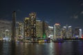 View from above of brightly illuminated high skyscraper buildings in downtown district of Miami Brickell in Florida, USA Royalty Free Stock Photo