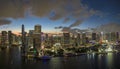 View from above of brightly illuminated high skyscraper buildings in downtown district of Miami Brickell in Florida, USA