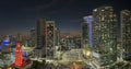 View from above of brightly illuminated skyscraper buildings in downtown district of Miami Brickell in Florida, USA at Royalty Free Stock Photo