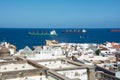 Town with part of the Santa Ana Cathedral, sea and freighter in Las Palmas on Gran Canaria, Spain Royalty Free Stock Photo