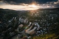 View from above car of Chiatura at sunset. Georgia.