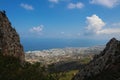 View from above, from the castle of Saint Hilarion, on the city of Kyrenia and the Mediterranean sea. Cyprus Royalty Free Stock Photo