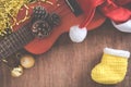 View from above Christmas background with pine corns and ukulele