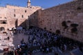 View from above of the crowds of people at the Western Wall in the Old City. Prayers in