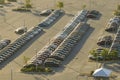 View from above of dealers outdoor parking lot with many brand new cars in stock for sale. Concept of development of Royalty Free Stock Photo