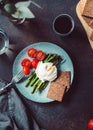 View from above on dinner or lunch for one, poached egg on grill asparagus Royalty Free Stock Photo