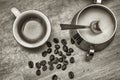 View from above of espresso cup, coffee beans and Royalty Free Stock Photo