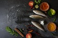 View from above of fish with vegetables and spices on a dark background Royalty Free Stock Photo