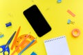 View from above. Flat lay. Mock up blank screen mobile phone for back to school background concept Royalty Free Stock Photo