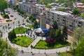 Aerial view of city center, clock tower in Giurgiu, Romania