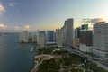 View from above of high skyscraper buildings in downtown district of Miami Brickell in Florida, USA at sunset. American Royalty Free Stock Photo