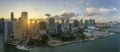 View from above of high skyscraper buildings in downtown district of Miami Brickell in Florida, USA at sunset. American Royalty Free Stock Photo