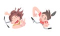 View from above of little boys falling down from kick scooters cartoon vector illustration