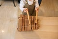 View from above of a little child girl playing wooden xylophone. Royalty Free Stock Photo