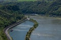 The view from above of the Loreley rocks the Rhine and the federal highway 42 near Sankt Goarhausen