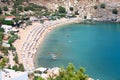 View from above of the main beach in Lindos Royalty Free Stock Photo