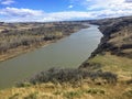 A view above of the Old Man River cutting through the valley and plains of Lethbridge, Alberta, Canada Royalty Free Stock Photo