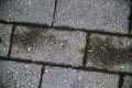 View from above. Paving stones, ancient cobblestone road top view. .Parallel line stone road