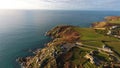 Porthcurno, Cornwall peninsula and coastline from above Royalty Free Stock Photo