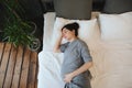 View from above of pregnant woman relaxing resting on couch at home, expectant mother lying on the bed Royalty Free Stock Photo