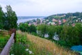View from above on provincial town of Ples and Volga River, Russia Royalty Free Stock Photo