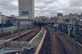 view from above on railroad tracks on gloomy day Royalty Free Stock Photo