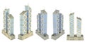 Set of 5 renders of fictional design hi-tech tall buildings with two towers with sky reflection - isolated on white, birds eye