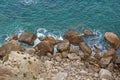 View from Above on the Sea and Stones or Rocks in the City of Taormina. The island of Sicily, Italy. Beautiful and Scenic View of Royalty Free Stock Photo