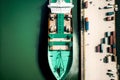 view from above of ship moored at reared berth in cargo port