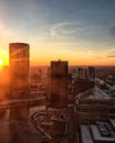 View from above of sunset over frozen Chicago River and horizon over Chicagoland. Royalty Free Stock Photo