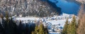 View from above to Pertisau tourist resort and lake Achensee in winter