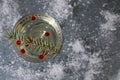 view from above. two transparent figured glasses with champagne, decorated with a Christmas tree branch and red berries. holiday Royalty Free Stock Photo