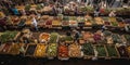 A view from above of a vibrant and organized farmers market, showcasing diverse local products and ingredients, concept