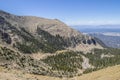 View from above of winding mountaind road near tree line with cars and a parking lot and a far view of valley and lake