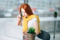 Business woman sitting in office at desk, looking laptop and uses smartphone Royalty Free Stock Photo