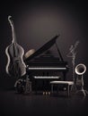 View of abstract musical instruments, piano, viola, percussion and more Royalty Free Stock Photo