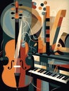 View of abstract musical instruments, piano viola, violin and more. Royalty Free Stock Photo