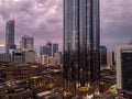 View of Abu Dhabi city towers and buildings - storm clouds at sunset