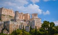 View of Acropolis hill from Areopagus hill in summer day with great clouds in blue sky, Athens, Greece. UNESCO heritage Royalty Free Stock Photo