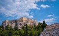 View of Acropolis hill from Areopagus hill on summer day with great clouds in blue sky, Athens, Greece. UNESCO heritage Royalty Free Stock Photo