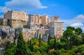 View of Acropolis hill from Areopagus hill on summer day with great clouds in blue sky, Athens, Greece. UNESCO world Royalty Free Stock Photo