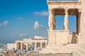 View in the Acropolis on the Porch of the Caryatids of Erechthion against the background of blue sky Royalty Free Stock Photo