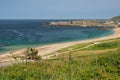 View over sandy bay to Fort Grosnez from Fort Tourgis, Alderney, Channel Islands