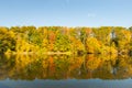 View across beautiful Connecticut River lined by autumn foliage forest near Brattlebro, Vermont USA Royalty Free Stock Photo