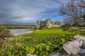 A view across a bramble topped wall of the Carew River and the ruins of the old castle in Pembrokeshire, UK Royalty Free Stock Photo