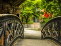 A view across a bridge towards the restored Victorian canal system in Castlefield, Manchester, UK Royalty Free Stock Photo