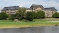 View across the Elbe River on the northern bank with historic building of the Ministry of Finance, Dresden, Germany