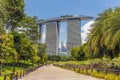 A view across the Gardens by the Bay towards the Marina Bay Sands Hotel in Singapore, Asia