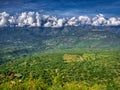 view across the great valley to the cloudy hills opposite. Barichara, Colombia